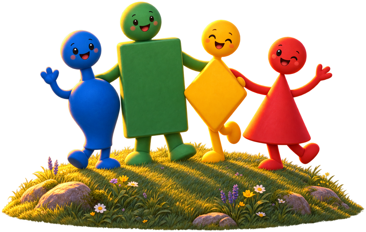 The four Ludoitte game pieces, a blue pawn, a green block, a yellow diamond and a red cone, smiling together on a grassy hill at dusk